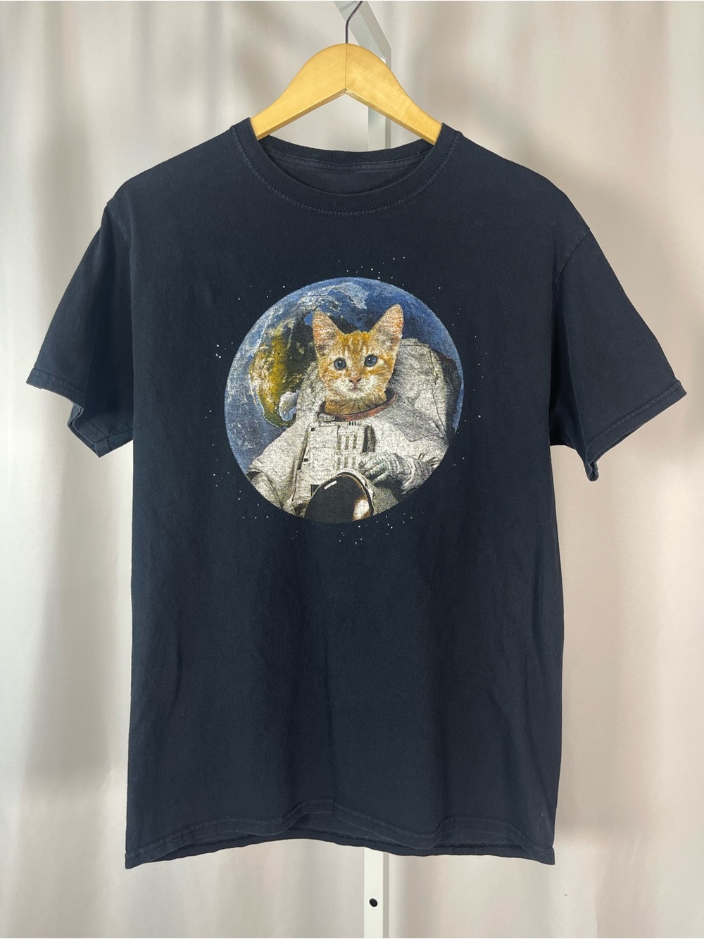 Men's Black Cat Astronaut Graphic Tee Space Earth Planets Solid Funny Humor